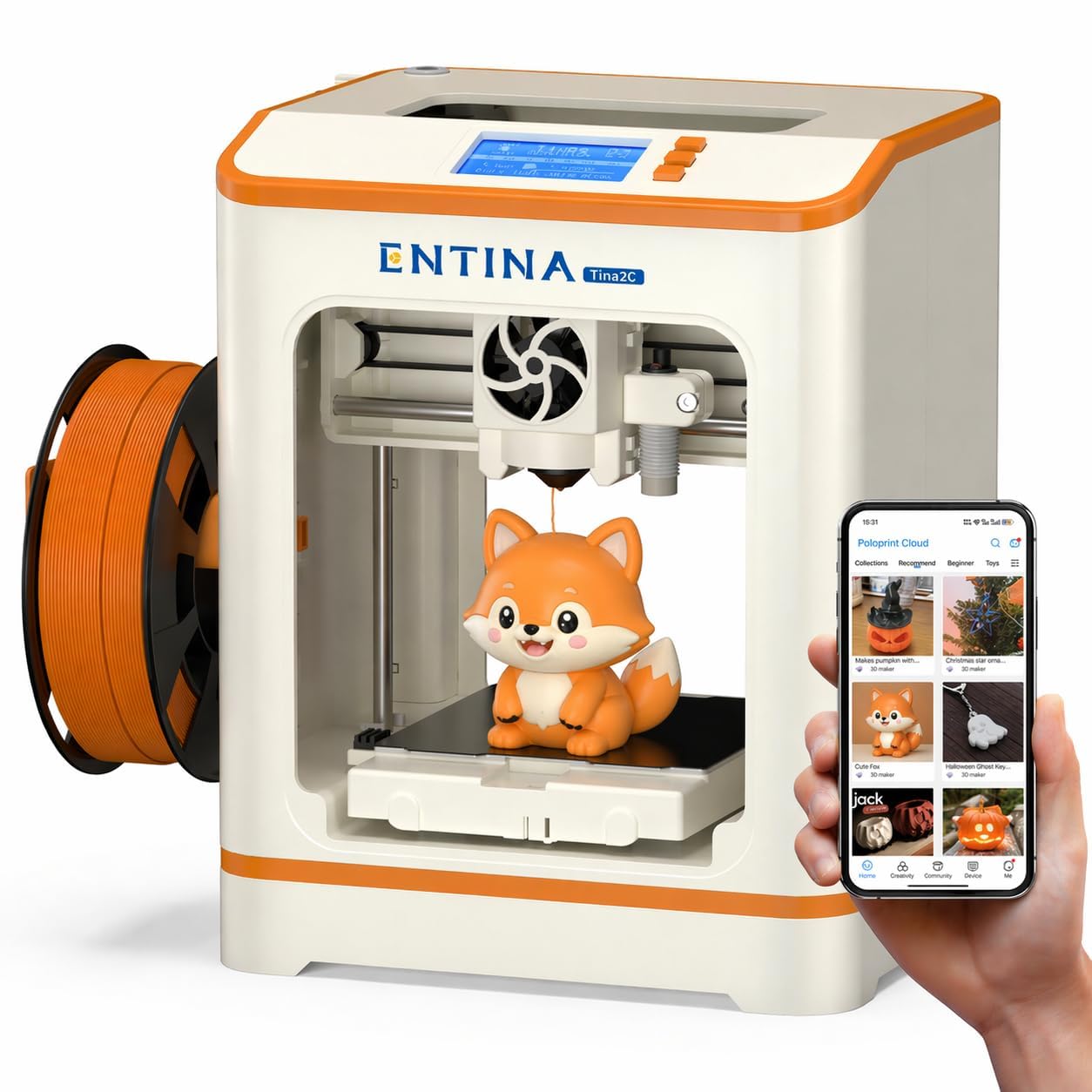 Entina Tina2C 3D Printer for Kids & Beginners, Ready in 8 Minutes, WiFi | Fully Assembled with Auto Leveling, App Control, 3000+ Models and 20+ DIY Modules for Easy Home Creativity and STEM Learning.