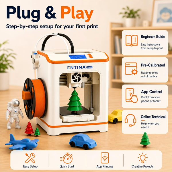 Entina Tina2C 3D Printer for Kids & Beginners, Ready in 8 Minutes, WiFi | Fully Assembled with Auto Leveling, App Control, 3000+ Models and 20+ DIY Modules for Easy Home Creativity and STEM Learning.